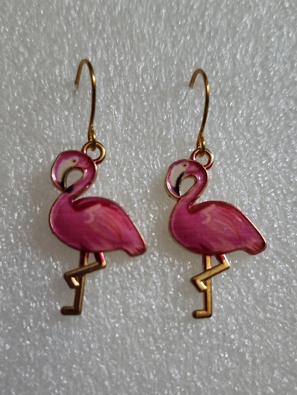 Hand Crafted Pink Flamingo Drop Earrings with Gold Accents